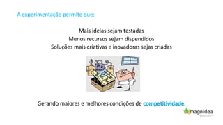 A experimentação permite que:
Mais ideias sejam testadas
Menos recursos sejam dispendidos
Soluções mais criativas e inovadoras sejas criadas
Gerando maiores e melhores condições de competitividade.
 