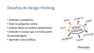 Desafios do design thinking
• Entender o problema;
• Fazer as perguntas certas;
• Colocar ideias em prática rapidamente;
• Entender e aceitar que o erro faz parte
da aprendizagem;
• Aprender com as falhas;
 