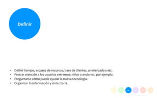 Deﬁnir	
  
• Deﬁnir	
  tiempo,	
  escasez	
  de	
  recursos,	
  base	
  de	
  clientes,	
  un	
  mercado	
  y	
  etc.	
  
• Prestar	
  atención	
  a	
  los	
  usuarios	
  extremos:	
  niños	
  o	
  ancianos,	
  por	
  ejemplo.	
  
• Preguntarse	
  cómo	
  puede	
  ayudar	
  la	
  nueva	
  tecnología.	
  
• Organizar	
  	
  la	
  información	
  y	
  sintetizarla.	
  
 