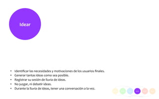 Idear	
  
• Identiﬁcar	
  las	
  necesidades	
  y	
  motivaciones	
  de	
  los	
  usuarios	
  ﬁnales.	
  
• Generar	
  tantas	
  ideas	
  como	
  sea	
  posible.	
  
• Registrar	
  su	
  sesión	
  de	
  lluvia	
  de	
  ideas.	
  
• No	
  juzgar,	
  ni	
  debatir	
  ideas.	
  
• Durante	
  la	
  lluvia	
  de	
  ideas,	
  tener	
  una	
  conversación	
  a	
  la	
  vez.	
  	
  
 