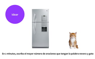 Idear	
  
En	
  2	
  minutos,	
  escriba	
  el	
  mayor	
  número	
  de	
  oraciones	
  que	
  tengan	
  la	
  palabra	
  nevera	
  y	
  gato	
  
 