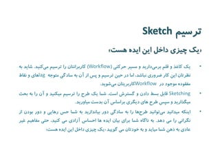 ترسیم Sketch 
» یک چیزی داخل این ایده هست « 
• یک کاغذ و قلم برمی دارید و مسیر حرکتی ) Workflow ( کاربرانتان را ترسیم می کنید. شاید به 
نظرتان این کار ضروری نباشد، اما در حین ترسیم و پس از آن به سادگی متوجه lag های و نقاط 
مفقوده موجود در Workflow کاربریتان می شوید. 
•Sketching قابل بسط دادن و گسترش است. شما یک طرح را ترسیم میکنید و آن را به بحث 
میگذارید و سپس طرح های دیگری براساس آن بدست میاورید. 
• اینکه میدانید م یتوانید طرح ها را به سادگی دور بیاندازید به شما حس رهایی و دور بودن از 
نگرانی را می دهد. به ناگاه شما برای بیان ایده ها احساس آزادی می کنید، حتی مفاهیم غیر 
» یک چیزی داخل این ایده هست « عادی به ذهن شما میاید و به خودتان می گویید 
 