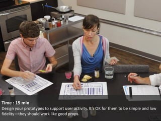 Time : 15 min 
Design your prototypes to support user activity. It’s OK for them to be simple and low fidelity—they should work like good props. 
 