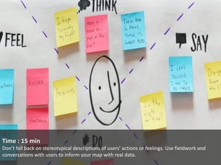 Time : 15 min Don’t fall back on stereotypical descriptions of users’ actions or feelings. Use fieldwork and conversations with users to inform your map with real data.  