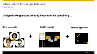 Introduction to Design Thinking
Definition
Design thinking means creating innovation by combining ...
Diverse people Creative space
+
Iterative approach
+
Public 3
 