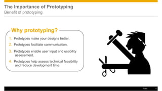 The Importance of Prototyping
Benefit of prototyping
Why prototyping?
1. Prototypes make your designs better.
2. Prototypes facilitate communication.
3. Prototypes enable user input and usability
assessment.
4. Prototypes help assess technical feasibility
and reduce development time.
Public 6
 