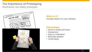 The Importance of Prototyping
Wireframes: low fidelity prototypes
What is it?
A simple sketch of a user interface
Advantages
• Quick to create and share
• Inexpensive
• Easy to understand
• Minimally detailed
• Confirmatory
Public 9
 