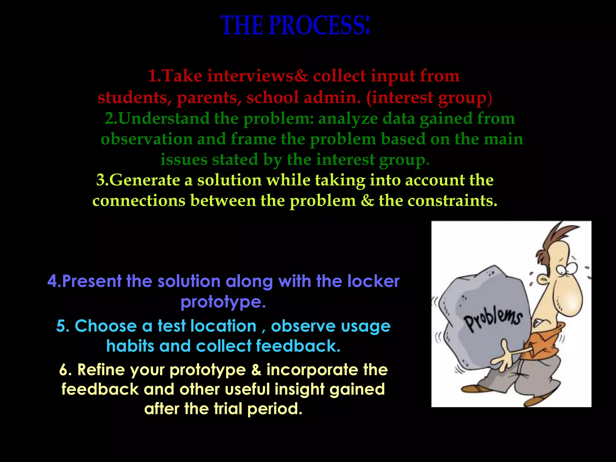 1.Take interviews& collect input from
students, parents, school admin. (interest group)
2.Understand the problem: analyze data gained from
observation and frame the problem based on the main
issues stated by the interest group.
3.Generate a solution while taking into account the
connections between the problem & the constraints.
4.Present the solution along with the locker
prototype.
5. Choose a test location , observe usage
habits and collect feedback.
6. Refine your prototype & incorporate the
feedback and other useful insight gained
after the trial period.