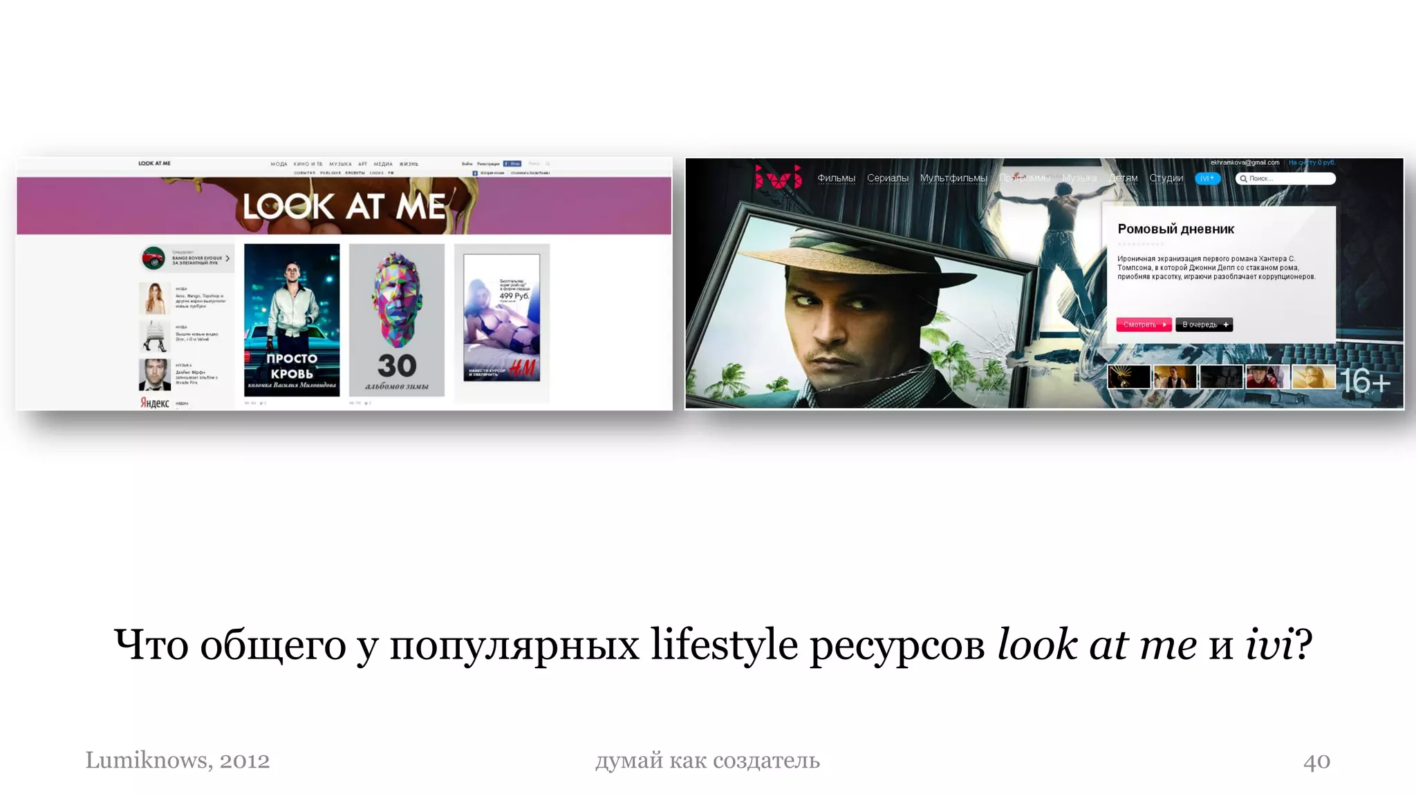 Что общего у популярных lifestyle ресурсов look at me и ivi?

Lumiknows, 2012           думай как создатель                40
 