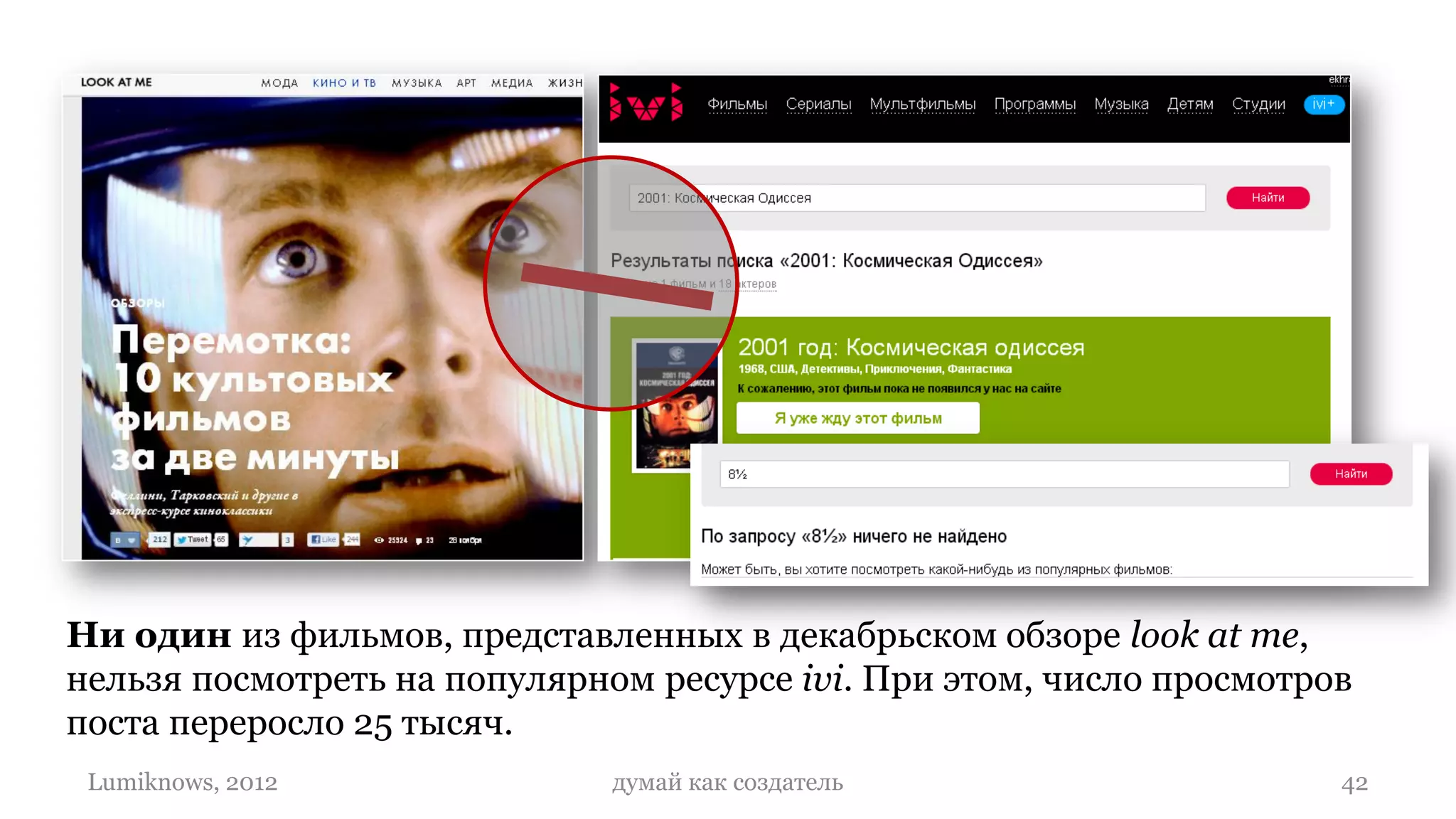Ни один из фильмов, представленных в декабрьском обзоре look at me,
нельзя посмотреть на популярном ресурсе ivi. При этом, число просмотров
поста переросло 25 тысяч.
 Lumiknows, 2012              думай как создатель                     42
 