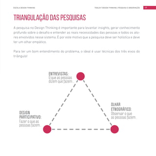 TOOLKIT DESIGN THINKING | PESQUISA E OBSERVAÇÃOESCOLA DESIGN THINKING 19
TRIANGULAÇÃO DAS PESQUISAS
A pesquisa no Design Thinking é importante para levantar insights, gerar conhecimento
profundo sobre o desafio e entender as reais necessidades das pessoas e todos os ato-
res envolvidos nesse sistema. É por este motivo que a pesquisa deve ser holística e deve
ter um olhar empático.
Para ter um bom entendimento do problema, o ideal é usar técnicas dos três eixos do
triângulo!
 
