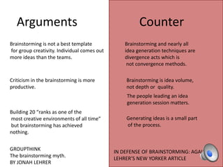Arguments

Counter

Brainstorming is not a best template
for group creativity. Individual comes out
more ideas than the teams.

Brainstorming and nearly all
idea generation techniques are
divergence acts which is
not convergence methods.

Criticism in the brainstorming is more
productive.

Brainstorming is idea volume,
not depth or quality.
The people leading an idea
generation session matters.

Building 20 “ranks as one of the
most creative environments of all time”
but brainstorming has achieved
nothing.
GROUPTHINK
The brainstorming myth.
BY JONAH LEHRER

Generating ideas is a small part
of the process.

IN DEFENSE OF BRAINSTORMING: AGAINST
LEHRER’S NEW YORKER ARTICLE

 