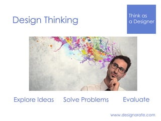 Think Like
a DesignerDesign Thinking
www.designorate.com
Explore Ideas Solve Problems Evaluate
 