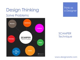 Think Like
a DesignerDesign Thinking
www.designorate.com
Solve Problems
SCAMPER
Technique
 