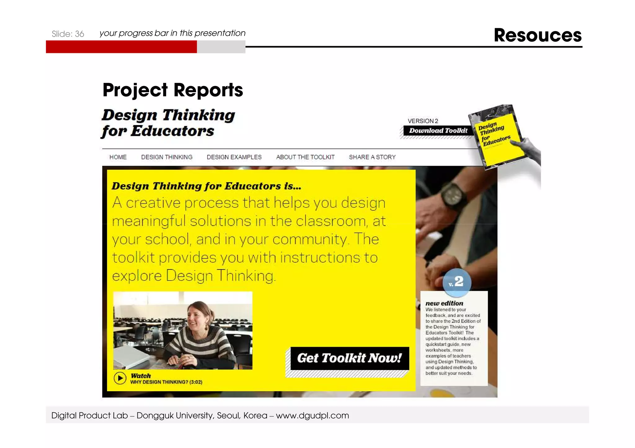 Slide: 36 your progress bar in this presentation Resouces 
Project Reports 
Digital Product Lab – Dongguk University, Seoul, Korea – www.dgudpl.com 
 