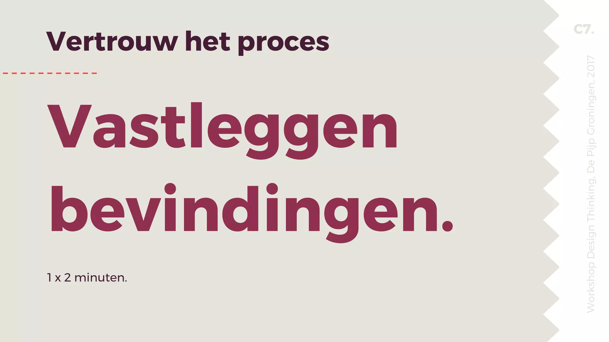 C7.
Vertrouw het proces
Vastleggen
bevindingen.
1 x 2 minuten.
WorkshopDesignThinking,DePijpGroningen,2017
 
