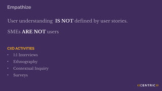 User understanding IS NOT defined by user stories.
SMEs ARE NOT users
Empathize
CXD ACTIVITIES
• 1:1 Interviews
• Ethnography
• Contextual Inquiry
• Surveys
 