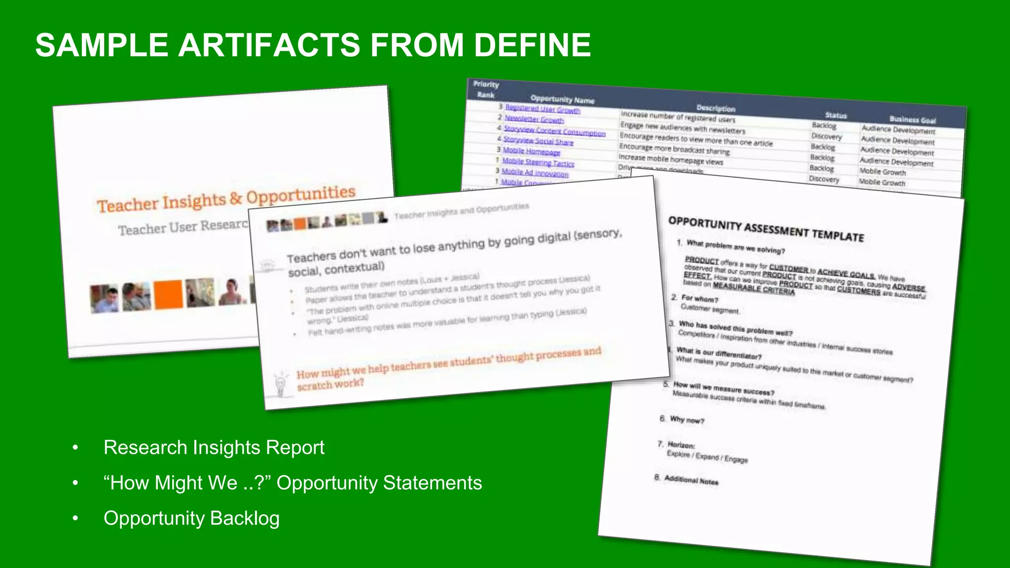 SAMPLE ARTIFACTS FROM DEFINE
• Research Insights Report
• “How Might We ..?” Opportunity Statements
• Opportunity Backlog
 