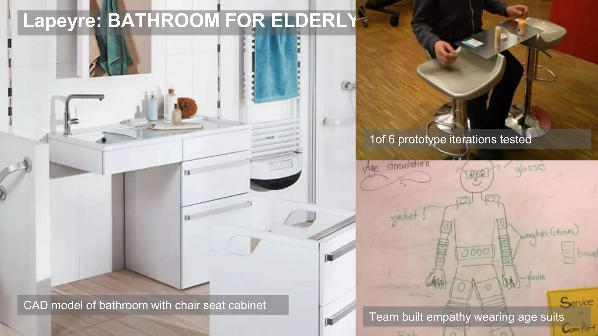 Lapeyre: BATHROOM FOR ELDERLY
42
1of 6 prototype iterations tested
CAD model of bathroom with chair seat cabinet
Team built empathy wearing age suits
 