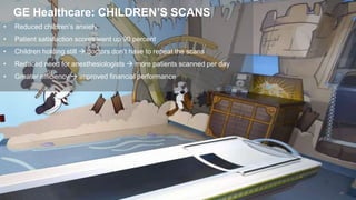 • Reduced children’s anxiety
• Patient satisfaction scores went up 90 percent
• Children holding still  doctors don’t have to repeat the scans
• Reduced need for anesthesiologists  more patients scanned per day
• Greater efficiency  improved financial performance
GE Healthcare: CHILDREN’S SCANS
40
 