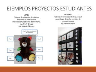 AVUS
Sistema de ubicación de objetos
electrónicas para adultos
mayores con problemas de memoria.
Ing. Fredy Ortega
Ing. Jorge A. Sánchez
DE-LEPEE
Tablero electrónico didáctico para el
aprendizaje de señas en niños de
primaria sordos
Ing. Cristian Marín
EJEMPLOS PROYECTOS ESTUDIANTES
 