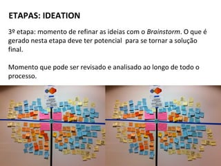 ETAPAS: IDEATION
3º etapa: momento de refinar as ideias com o Brainstorm. O que é
gerado nesta etapa deve ter potencial para se tornar a solução
final.
Momento que pode ser revisado e analisado ao longo de todo o
processo.
 