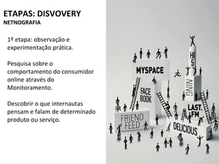 1º etapa: observação e
experimentação prática.
Pesquisa sobre o
comportamento do consumidor
online através do
Monitoramento.
Descobrir o que internautas
pensam e falam de determinado
produto ou serviço.
ETAPAS: DISVOVERY
NETNOGRAFIA
 