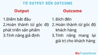 TỪ OUTPUT ĐẾN OUTCOME
WeTransform
Output Outcome
1.Điểm bắt đầu
2.Hoàn thành từ góc độ
phát triển sản phẩm
3.Tính năng giả định
Đích đến
Hoàn thành từ góc độ
khách hàng
Tính năng mang lại
giá trị cho khách hàng
1.
2.
3.
 