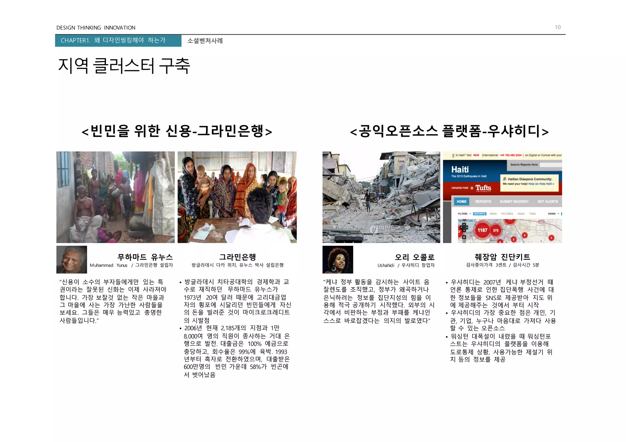 DESIGN THINKING INNOVATION 10
CHAPTER1. 왜 디자인씽킹해야 하는가 소셜벤처사례
지역클러스터구축
무하마드 유누스
Muhammad Yunus / 그라민은행 설립자
그라민은행
방글라데시 다카 위치, 유누스 박사 설립은행
오리 오콜로
Ushahidi / 우샤히디 창업자
췌장암 진단키트
검사종이가격 3센트 / 검사시간 5분
“신용이 소수의 부자들에게만 있는 특
권이라는 잘못된 신화는 이제 사라져야
합니다. 가장 보잘것 없는 작은 마을과
그 마을에 사는 가장 가난한 사람들을
보세요. 그들은 매우 능력있고 총명한
사람들입니다.”
• 방글라데시 치타공대학의 경제학과 교
수로 재직하던 무하마드 유누스가
1973년 20여 달러 때문에 고리대금업
자의 횡포에 시달리던 빈민들에게 자신
의 돈을 빌려준 것이 마이크로크레디트
의 시발점
• 2006년 현재 2,185개의 지점과 1만
8,000여 명의 직원이 종사하는 거대 은
행으로 발전. 대출금은 100% 예금으로
충당하고, 회수율은 99%에 육박. 1993
년부터 흑자로 전환하였으며, 대출받은
600만명의 빈민 가운데 58%가 빈곤에
서 벗어났음
“케냐 정부 활동을 감시하는 사이트 음
잘렌도를 조직했고, 정부가 왜곡하거나
은닉하려는 정보를 집단지성의 힘을 이
용해 적극 공개하기 시작했다. 외부의 시
각에서 비판하는 부정과 부패를 케냐인
스스로 바로잡겠다는 의지의 발로였다”
• 우샤히디는 2007년 케냐 부정선거 떄
언론 통제로 인한 집단폭행 사건에 대
한 정보들을 SNS로 제공받아 지도 위
에 제공해주는 것에서 부터 시작
• 우샤히디의 가장 중요한 점은 개인, 기
관, 기업, 누구나 마음대로 가져다 사용
할 수 있는 오픈소스
• 워싱턴 대폭설이 내렸을 때 워싱턴포
스트는 우샤히디의 플랫폼을 이용해
도로통제 상황, 사용가능한 제설기 위
치 등의 정보를 제공
<빈민을 위한 신용-그라민은행> <공익오픈소스 플랫폼-우샤히디>
 