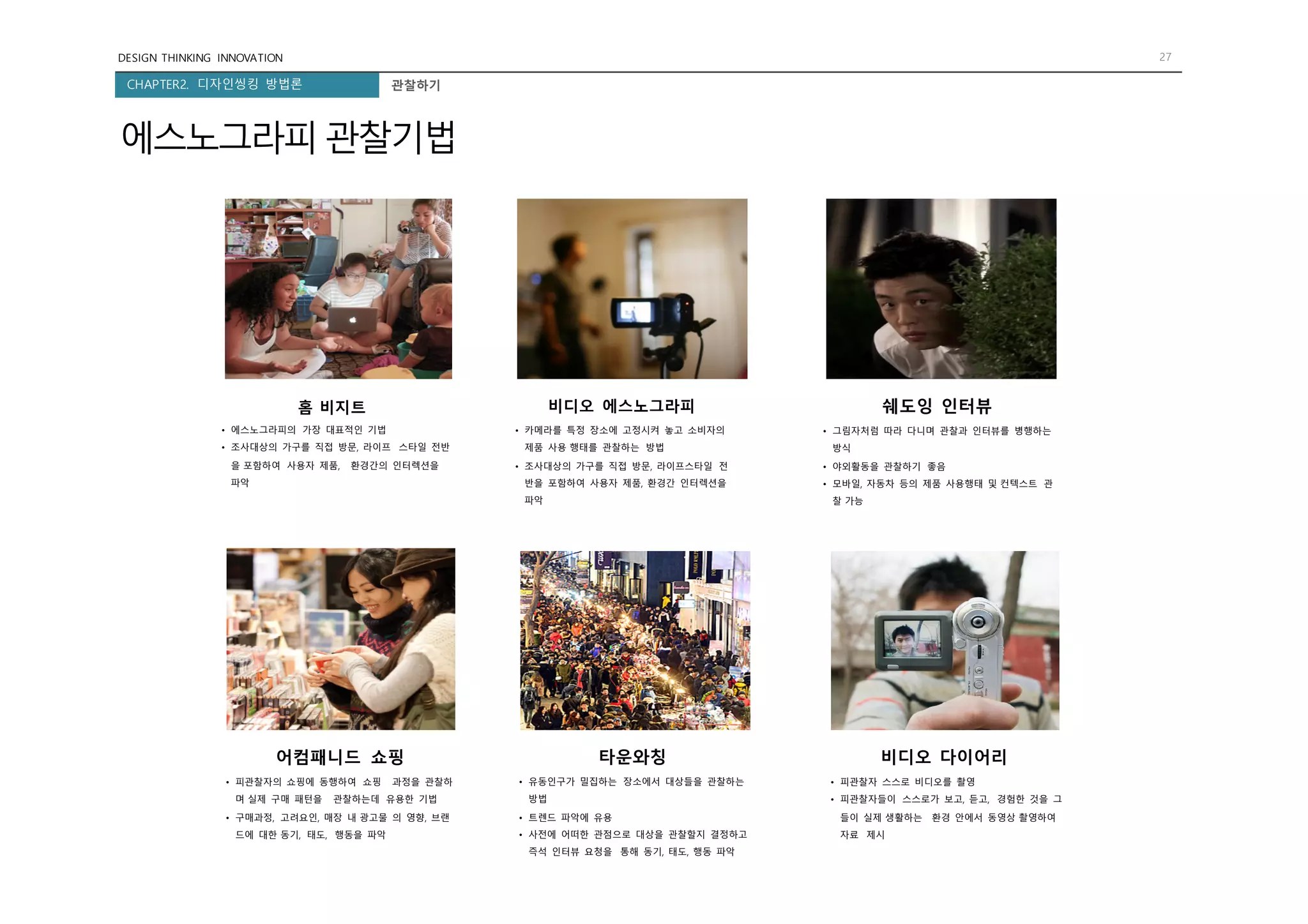 DESIGN THINKING INNOVATION 27
CHAPTER2. 디자인씽킹 방법론 관찰하기
에스노그라피 관찰기법
홈 비지트
• 에스노그라피의 가장 대표적인 기법
• 조사대상의 가구를 직접 방문, 라이프 스타일 전반
을 포함하여 사용자 제품, 환경간의 인터렉션을
파악
쉐도잉 인터뷰
• 그림자처럼 따라 다니며 관찰과 인터뷰를 병행하는
방식
• 야외활동을 관찰하기 좋음
• 모바일, 자동차 등의 제품 사용행태 및 컨텍스트 관
찰 가능
비디오 에스노그라피
• 카메라를 특정 장소에 고정시켜 놓고 소비자의
제품 사용 행태를 관찰하는 방법
• 조사대상의 가구를 직접 방문, 라이프스타일 전
반을 포함하여 사용자 제품, 환경간 인터렉션을
파악
어컴패니드 쇼핑
• 피관찰자의 쇼핑에 동행하여 쇼핑 과정을 관찰하
며 실제 구매 패턴을 관찰하는데 유용한 기법
• 구매과정, 고려요인, 매장 내 광고물 의 영향, 브랜
드에 대한 동기, 태도, 행동을 파악
타운와칭
• 유동인구가 밀집하는 장소에서 대상들을 관찰하는
방법
• 트렌드 파악에 유용
• 사전에 어떠한 관점으로 대상을 관찰할지 결정하고
즉석 인터뷰 요청을 통해 동기, 태도, 행동 파악
비디오 다이어리
• 피관찰자 스스로 비디오를 촬영
• 피관찰자들이 스스로가 보고, 듣고, 경험한 것을 그
들이 실제 생활하는 환경 안에서 동영상 촬영하여
자료 제시
 