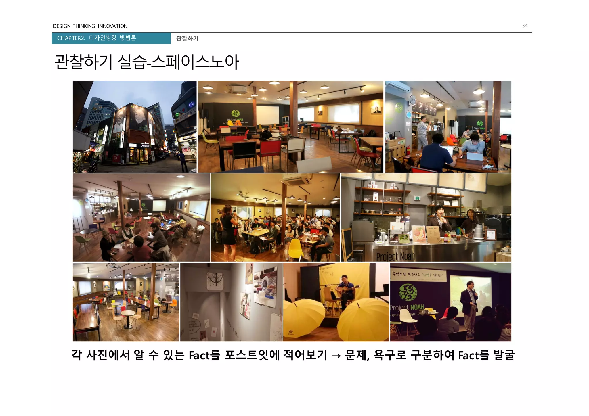 DESIGN THINKING INNOVATION 34
CHAPTER2. 디자인씽킹 방법론 관찰하기
관찰하기 실습-스페이스노아
각 사진에서 알 수 있는 Fact를 포스트잇에 적어보기 → 문제, 욕구로 구분하여 Fact를 발굴
 