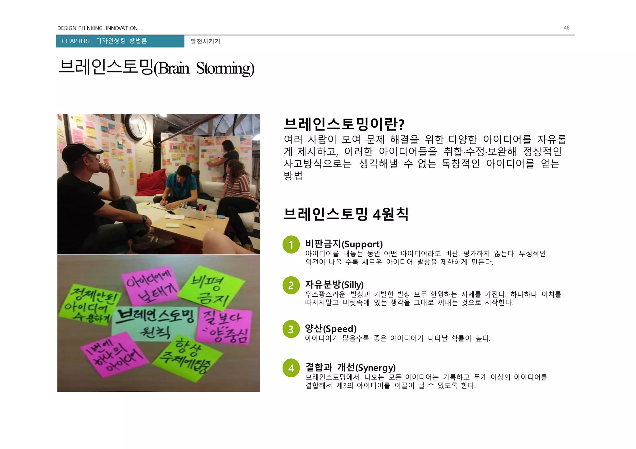 DESIGN THINKING INNOVATION 46
CHAPTER2. 디자인씽킹 방법론 발전시키기
브레인스토밍(Brain Storming)
브레인스토밍이란?
여러 사람이 모여 문제 해결을 위한 다양한 아이디어를 자유롭
게 제시하고, 이러한 아이디어들을 취합·수정·보완해 정상적인
사고방식으로는 생각해낼 수 없는 독창적인 아이디어를 얻는
방법
브레인스토밍 4원칙
1 비판금지(Support)
아이디어를 내놓는 동안 어떤 아이디어라도 비판, 평가하지 않는다. 부정적인
의견이 나올 수록 새로운 아이디어 발상을 제한하게 만든다.
2 자유분방(Silly)
우스꽝스러운 발상과 기발한 발상 모두 환영하는 자세를 가진다. 하나하나 이치를
따지지말고 머릿속에 있는 생각을 그대로 꺼내는 것으로 시작한다.
3 양산(Speed)
아이디어가 많을수록 좋은 아이디어가 나타날 확률이 높다.
4 결합과 개선(Synergy)
브레인스토밍에서 나오는 모든 아이디어는 기록하고 두개 이상의 아이디어를
결합해서 제3의 아이디어를 이끌어 낼 수 있도록 한다.
 