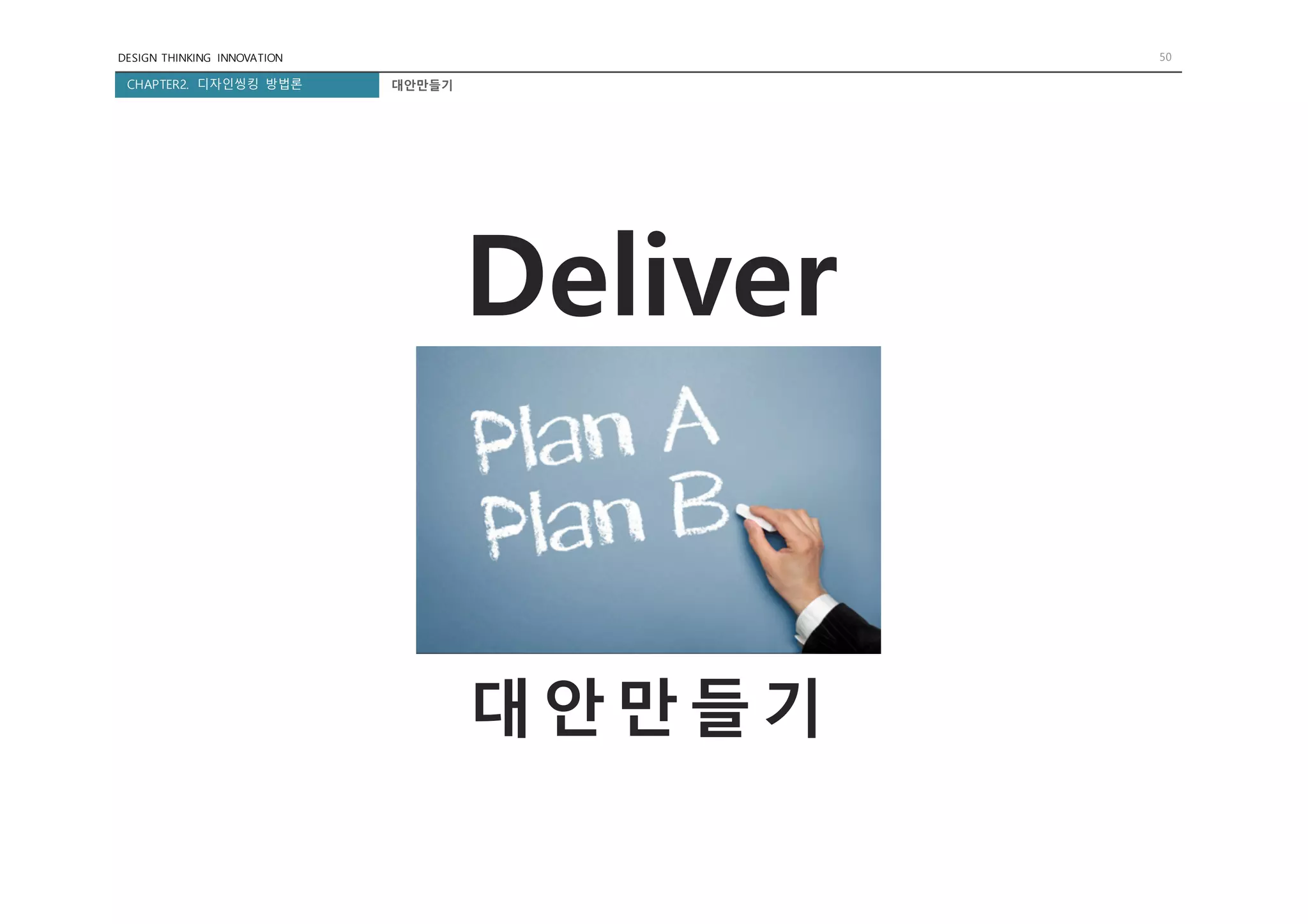 DESIGN THINKING INNOVATION 50
CHAPTER2. 디자인씽킹 방법론
Deliver
대안만들기
대안만들기
 