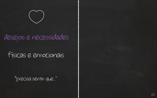 desejos e necessidades 
físicas e emocionais 
“precisa sentir que…" 
 