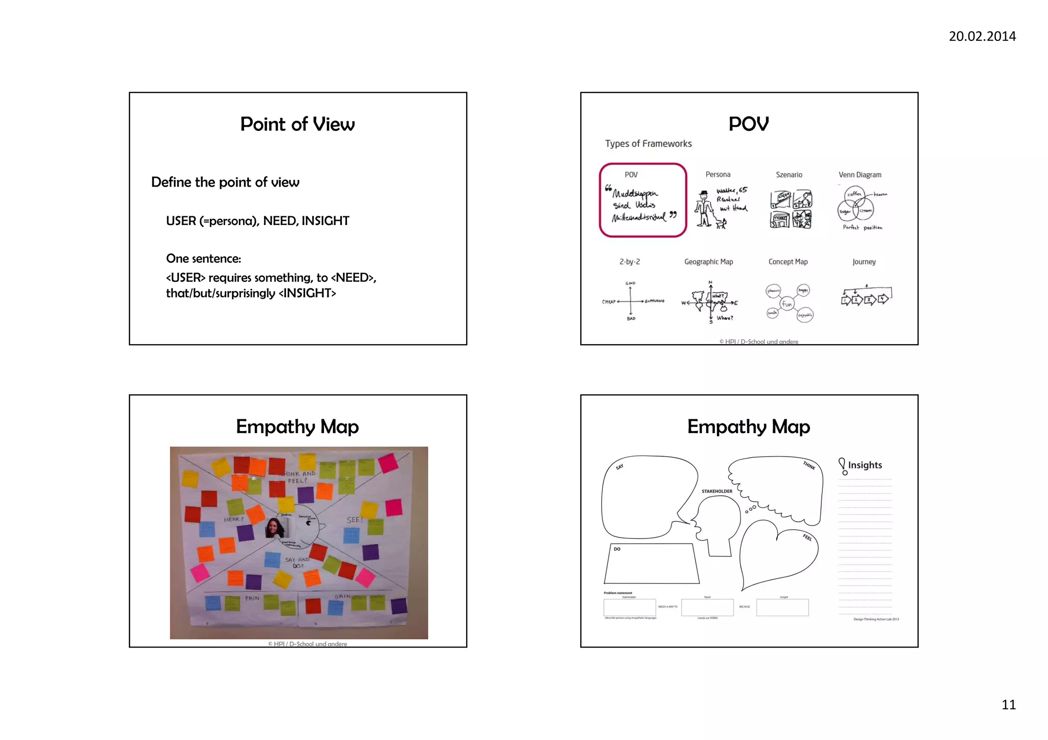 20.02.2014
11
Point of View
Define the point of view
USER (=persona), NEED, INSIGHT
One sentence:
<USER> requires something, to <NEED>,
that/but/surprisingly <INSIGHT>
POV
© HPI / D-School und andere
Empathy Map
© HPI / D-School und andere
Empathy Map
 
