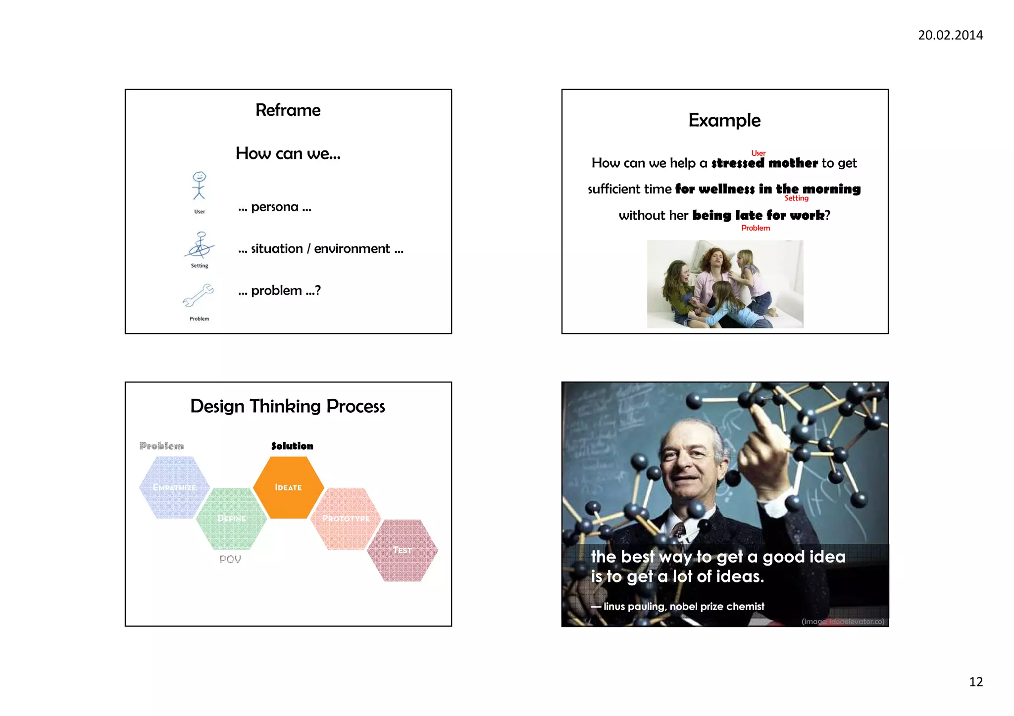 20.02.2014
12
Reframe
How can we…
… persona …
… situation / environment …
… problem …?
Example
How can we help a stressed mother to get
sufficient time for wellness in the morning
without her being late for work?
Problem
User
Setting
POV
Problem Solution
Design Thinking Process
the best way to get a good idea
is to get a lot of ideas.
— linus pauling, nobel prize chemist
the best way to get a good idea
is to get a lot of ideas.
— linus pauling, nobel prize chemist
(image: ideaelevator.co)
 
