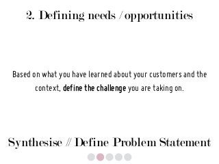 2. Defining needs / opportunities
Based on what you have learned about your customers and the
context, define the challenge you are taking on.
Synthesise // Define Problem Statement
 