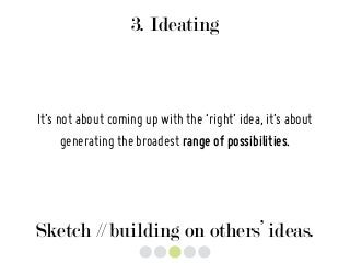 3. Ideating
It’s not about coming up with the ‘right’ idea, it’s about
generating the broadest range of possibilities.
Sketch // building on others’ ideas.
 