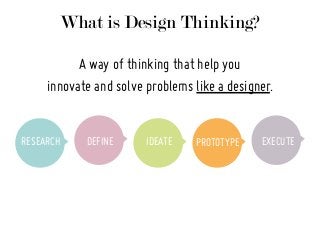 What is Design Thinking?
A way of thinking that help you
innovate and solve problems like a designer.
RESEARCH DEFINE IDEATE PROTOTYPE EXECUTE
 