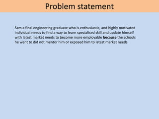 Problem statement
Sam a final engineering graduate who is enthusiastic, and highly motivated
individual needs to find a way to learn specialised skill and update himself
with latest market needs to become more employable because the schools
he went to did not mentor him or exposed him to latest market needs
 