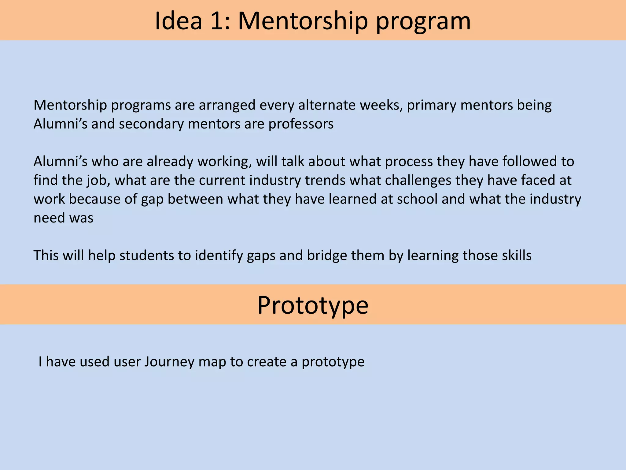 Idea 1: Mentorship program
Mentorship programs are arranged every alternate weeks, primary mentors being
Alumni’s and secondary mentors are professors
Alumni’s who are already working, will talk about what process they have followed to
find the job, what are the current industry trends what challenges they have faced at
work because of gap between what they have learned at school and what the industry
need was
This will help students to identify gaps and bridge them by learning those skills
I have used user Journey map to create a prototype
Prototype
 
