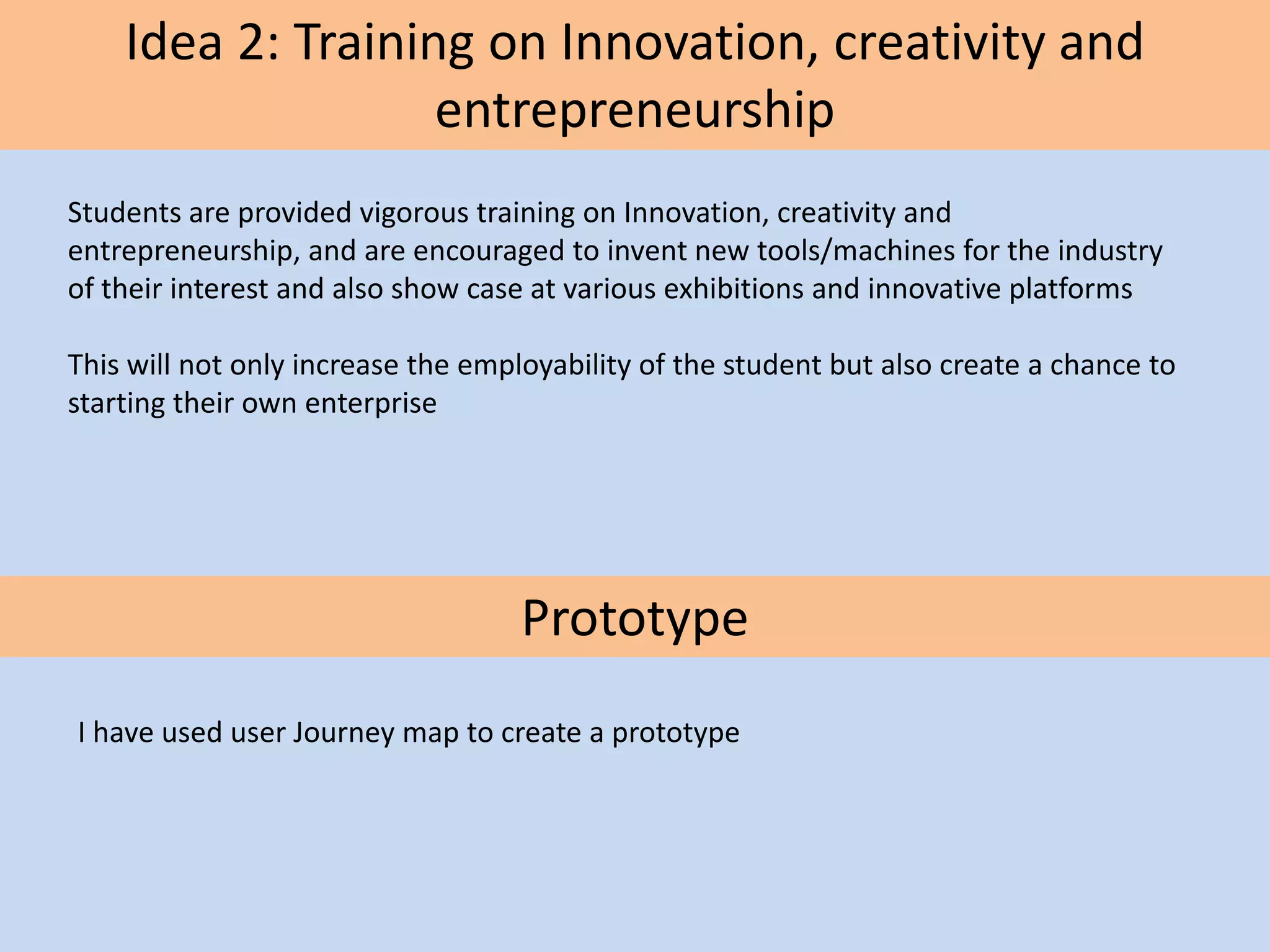 Idea 2: Training on Innovation, creativity and
entrepreneurship
Students are provided vigorous training on Innovation, creativity and
entrepreneurship, and are encouraged to invent new tools/machines for the industry
of their interest and also show case at various exhibitions and innovative platforms
This will not only increase the employability of the student but also create a chance to
starting their own enterprise
I have used user Journey map to create a prototype
Prototype
 