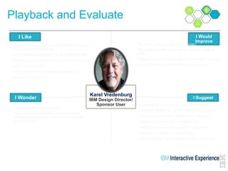 Karel Vredenburg
IBM Design Director/
Sponsor User
Playback and Evaluate
I Like
I Wonder I Suggest
I Would
Improve
• Overall experience and improvement the function
will bring to work efficiency.
• PEM chat function between HR, PEM and staff.
• Having an overview of staff and activities in one
place (home screen).
• Alerts notifying of outstanding actions and
approaching deadlines.
• The clarity of the overall Home Screen
• The labelling of the alerts and functions to make it
clearer
• Clearer understanding of how to go between screens
• The link functionality to all PEM data sources
• Can I see employee salary?
• Will this bring a reduction in the number of
reminders and approval emails that I currently
receive (5/day)?
• Including texts for icons on the Home Screen
• Making it clearer that all key links are on one page.
• Consistency between screens (e.g. headings).
• Maximum of 5 clicks to complete a task
• Calendar will automatic booking of meetings
• Ability to customise the Home Page.
• Only alerts that require actions visible on screen.
 