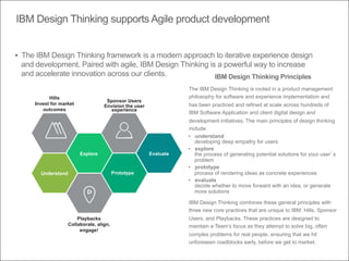 Understand
Explore
Prototype
Evaluate
Hills
Invest for market
outcomes
Sponsor Users
Envision the user
experience
Playbacks
Collaborate, align,
engage!
!  The IBM Design Thinking framework is a modern approach to iterative experience design
and development. Paired with agile, IBM Design Thinking is a powerful way to increase
and accelerate innovation across our clients. IBM Design Thinking Principles
The IBM Design Thinking is rooted in a product management
philosophy for software and experience implementation and
has been practiced and refined at scale across hundreds of
IBM Software Application and client digital design and
development initiatives. The main principles of design thinking
include:
•  understand
developing deep empathy for users
•  explore
the process of generating potential solutions for your user’s
problem
•  prototype
process of rendering ideas as concrete experiences
•  evaluate
decide whether to move forward with an idea, or generate
more solutions
IBM Design Thinking combines these general principles with
three new core practices that are unique to IBM: Hills, Sponsor
Users, and Playbacks. These practices are designed to
maintain a Team’s focus as they attempt to solve big, often
complex problems for real people, ensuring that we hit
unforeseen roadblocks early, before we get to market.
IBM Design Thinking supports Agile product development
 