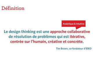 Le design thinking est une approche collaborative
de résolution de problèmes qui est itérative,
centrée sur l’humain, créative et concrète.
Tim Brown, co-fondateur d’IDEO
Définition
Analytique & Intuitive
 