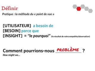 Comment pourrions-nous ____________ ?
How might we…
Définir
[UTILISATEUR] a besoin de
[BESOIN] parce que
[INSIGHT] = “le pourquoi” (le résultat de votre empathie/observation)
Pratique : la méthode du « point de vue »
problème
 
