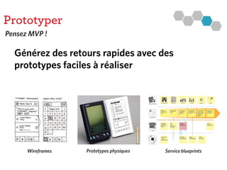 Prototyper
Pensez MVP !
Générez des retours rapides avec des
prototypes faciles à réaliser
Wireframes Service blueprintsPrototypes physiques
 