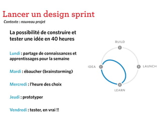 Lancer un design sprint
La possibilité de construire et
tester une idée en 40 heures
Lundi : partage de connaissances et
apprentissages pour la semaine
Mardi : ébaucher (brainstorming)
Mercredi : l’heure des choix
Jeudi : prototyper
Vendredi : tester, en vrai !!
Contexte : nouveau projet
 