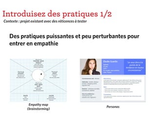 Introduisez des pratiques 1/2
Des pratiques puissantes et peu perturbantes pour
entrer en empathie
Contexte : projet existant avec des réticences à tester
Personas
Empathy map
(brainstorming)
 