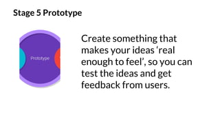 Stage 5 Prototype
Create something that
makes your ideas ‘real
enough to feel’, so you can
test the ideas and get
feedback from users.
 